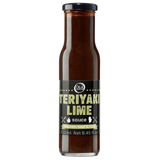 A bottle of Teriyaki Lime Sauce with a label showing the product name and volume.