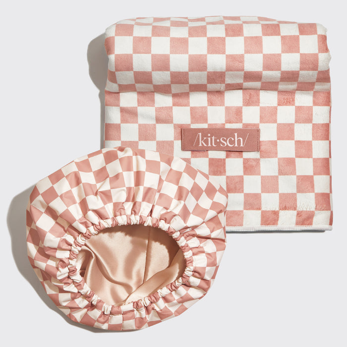 KITSCH Satin Lined Flexi Shower Cap and XL Hair Towel Wrap — Terracotta Checker — matching bundle set, flat lay hero shot