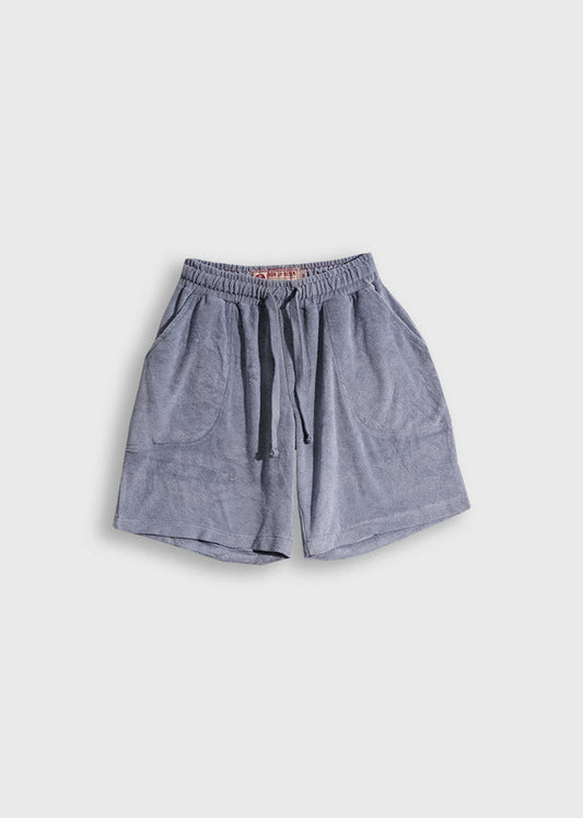 Gray terry cloth shorts with an elastic waistband and drawstring, featuring side pockets, laid flat on a plain background.