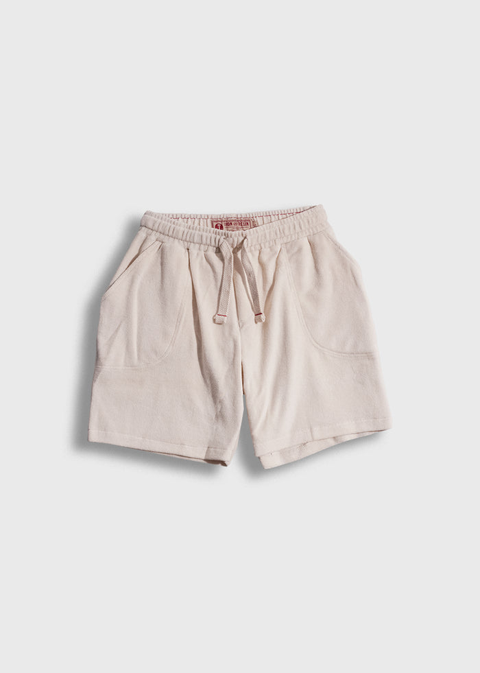 Beige drawstring shorts with front pockets, displayed on a white background, showcasing casual style and comfort.