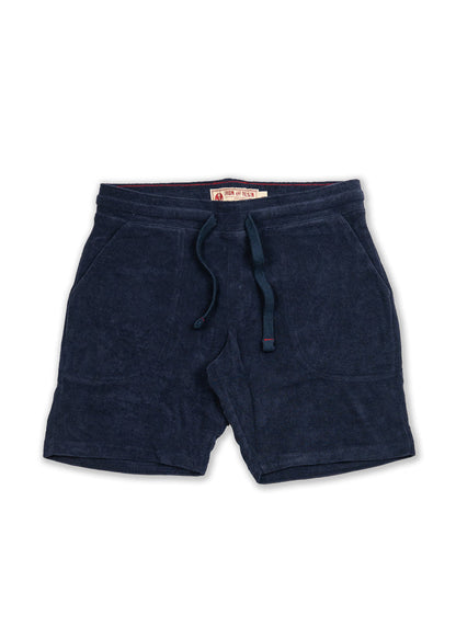Navy blue terry cloth shorts with drawstring waistband and side pockets, labeled "Iron and Resin" inside.