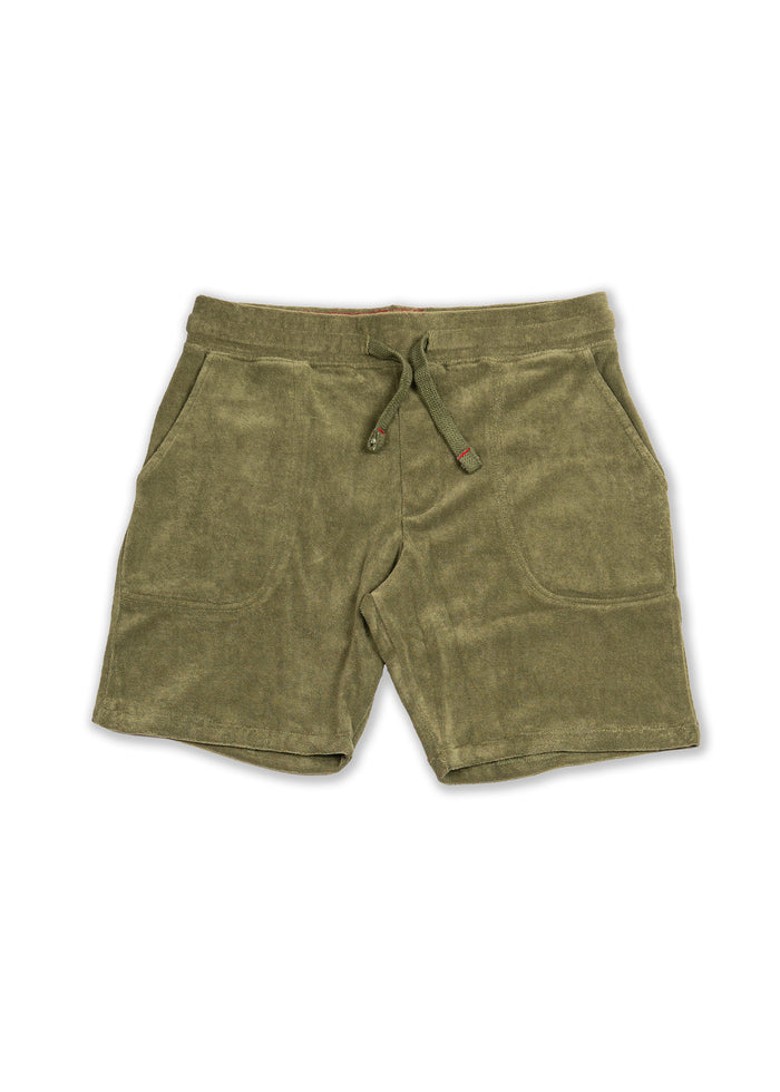 Olive green terry cloth shorts with drawstring waist and side pockets, laid flat on a white background.