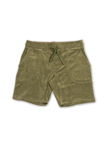 Olive green terry cloth shorts with drawstring waist and side pockets, laid flat on a white background.