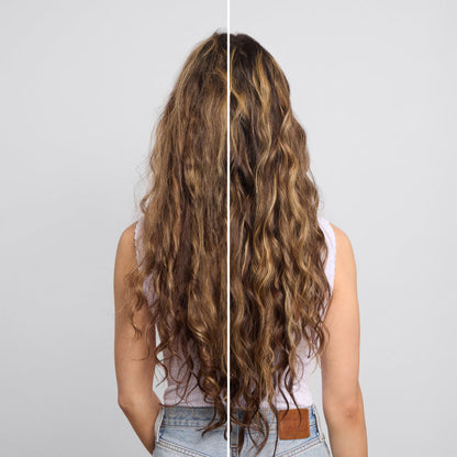 KITSCH Texturizing Sea Salt Spray — before & after split shot, back view of female model — left: straight flat hair before | right: defined beachy textured waves after — crunch-free formula with Amaze® SP polymer