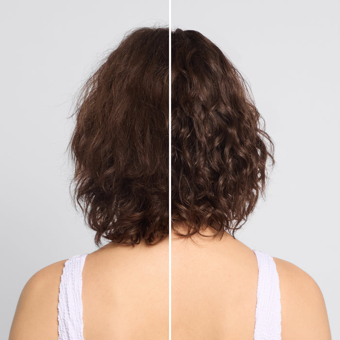 KITSCH Texturizing Sea Salt Spray — before & after split shot, back view of female model — left: limp hair before | right: voluminous beach waves after — Amaze® SP polymer seals cuticle for frizz-free, humidity-resistant volume