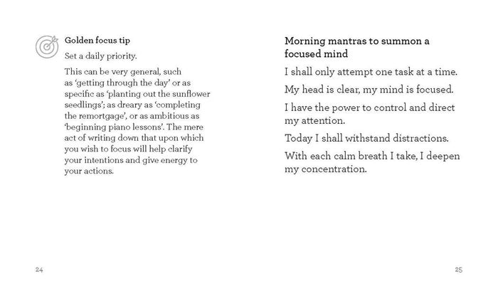 Text on a white background with black text discussing morning mantras and focus tips.