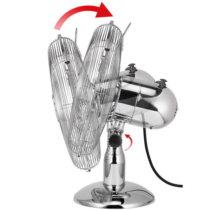 Der Unold TISCHVENTILATOR CHROME verfügt über einen verstellbaren Kopf, der durch einen roten Pfeil zur Anzeige der Luftstromrichtung hervorgehoben ist. Das Netzkabel führt von der Rückseite aus.