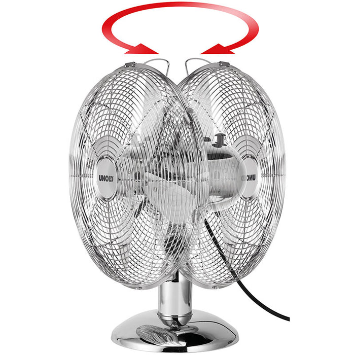 Der Unold TISCHVENTILATOR CHROME ist ein elektrischer Ventilator mit zwei Köpfen und zwei runden Metallgittern auf einem Chromständer. Die oszillierende Bewegung wird durch einen roten Pfeil über den Ventilatoren angezeigt.