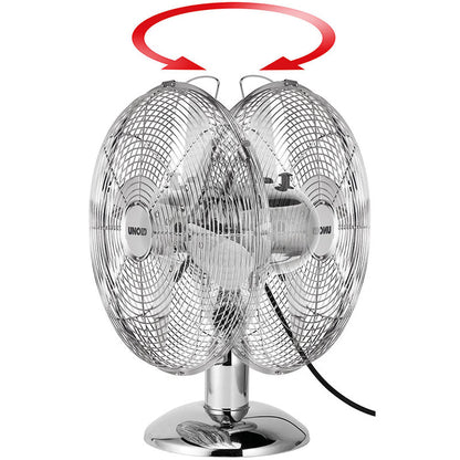 Der Unold TISCHVENTILATOR CHROME ist ein elektrischer Ventilator mit zwei Köpfen und zwei runden Metallgittern auf einem Chromständer. Die oszillierende Bewegung wird durch einen roten Pfeil über den Ventilatoren angezeigt.