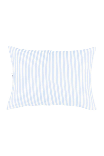 The envelope closure on the back of the Toddler Pillowcase in Small Mist Stripe