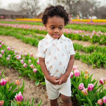 Boy wearing Bamboo Toddler Short Sleeve Polo in Teddy Bear Spring Print