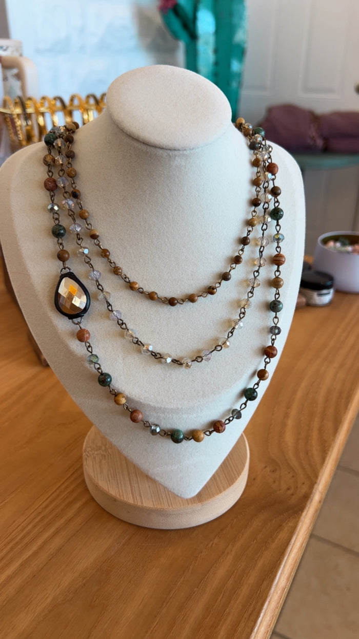 Triple Layered Mixed Glass Bead and Stone Necklace