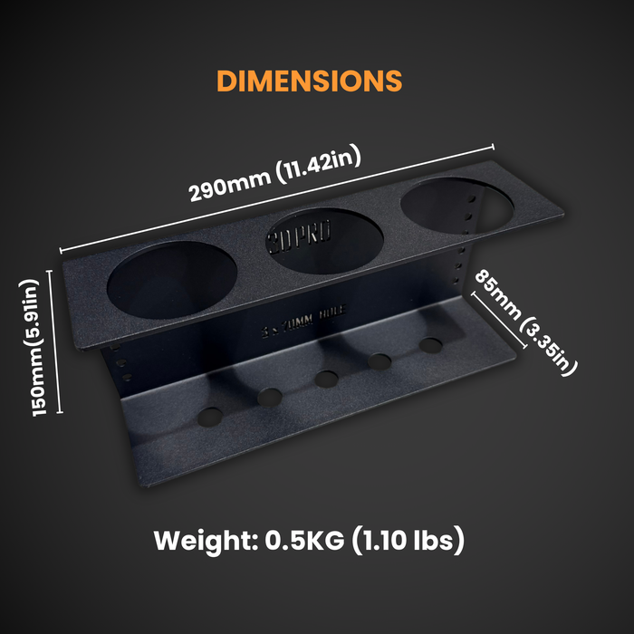 Triple Paint Can Holder (Pack a Shelf) with dimensions and weight information on a dark background