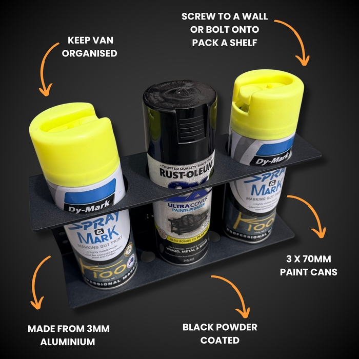 Triple Paint Can Holder (Pack a Shelf) with spray paint cans on a black background