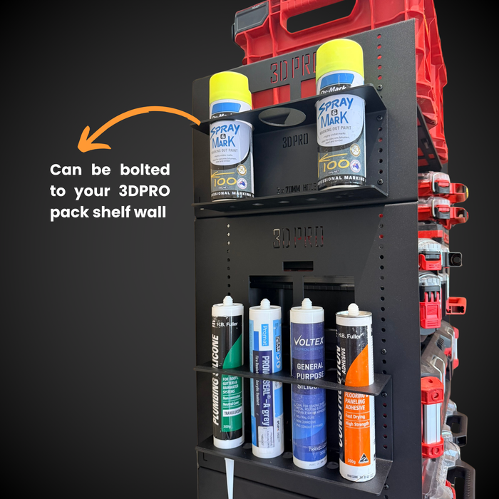 3DPRO spray paint can organizer with various spray paint cans on a black background