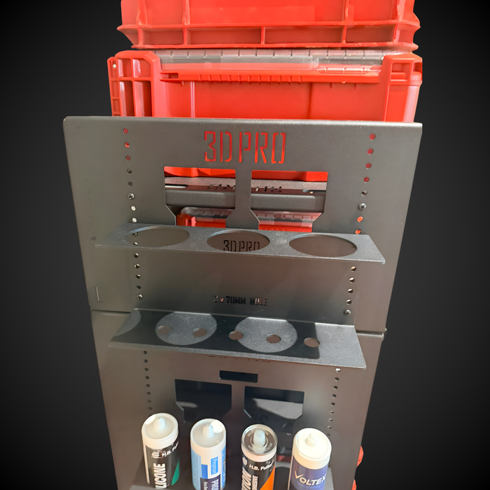 Metal 3D shelving with '3D Pro' branding and small bottles underneath on a dark background
