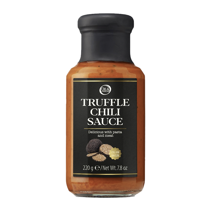 A bottle of Truffle Chili Sauce with a label showing truffles.