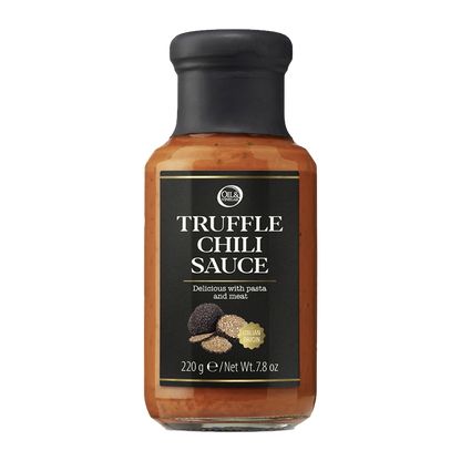 A bottle of Truffle Chili Sauce with a label showing truffles.