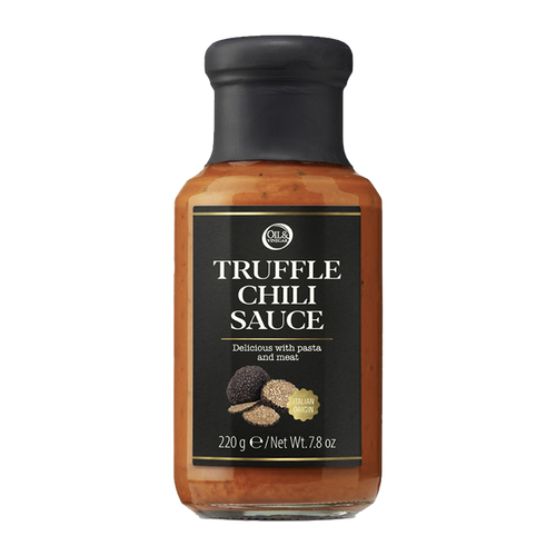 A bottle of Truffle Chili Sauce with a label showing truffles.