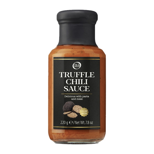 A bottle of Truffle Chili Sauce with a label showing truffles.