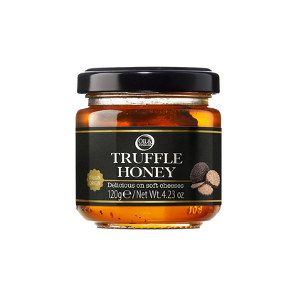 Jar of truffle honey with a black label on a white background