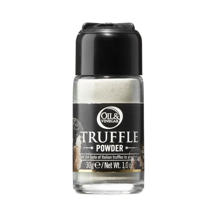 A transparent bottle of white truffle powder with a black label