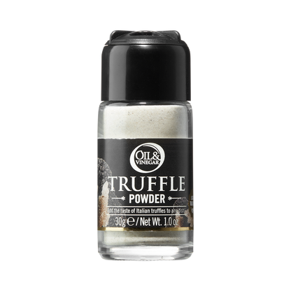 A transparent bottle of white truffle powder with a black label