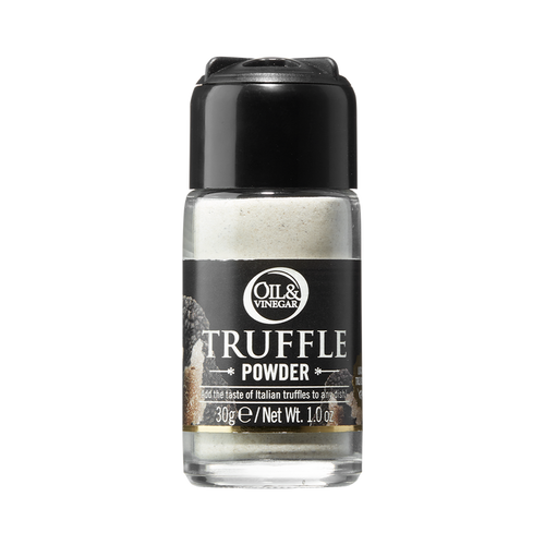 A transparent bottle of white truffle powder with a black label