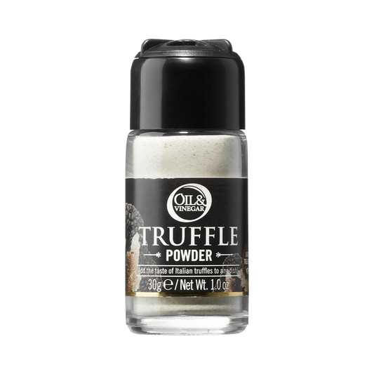 A transparent bottle of white truffle powder with a black label