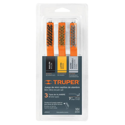 TRUPER 3PC MINI WIRE BRUSH SET NYLON BRASS AND STAINLESS STEEL BRUSHES-10652 MEGA