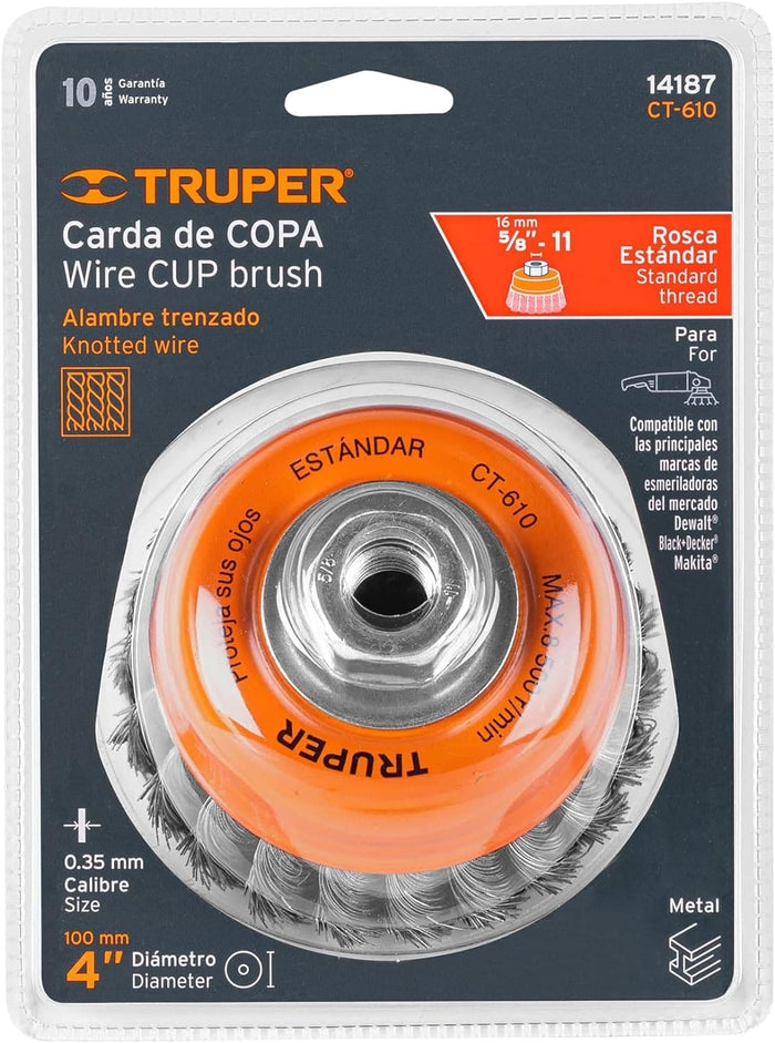 TRUPER Wire Cup Brush 14187 / CT-610 - 4" (102mm), 5/8-11, Fine Knotted Cup Brush - 14187 MEGA
