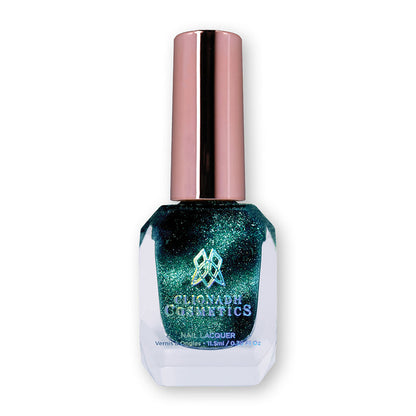 Bottle of nail polish containing Turquoise Silk Nail Laquer on white background.