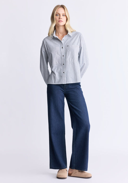 Buffalo Women Shirts Navy Woven Woven Long Sleeve Relaxed Fit Button-Up