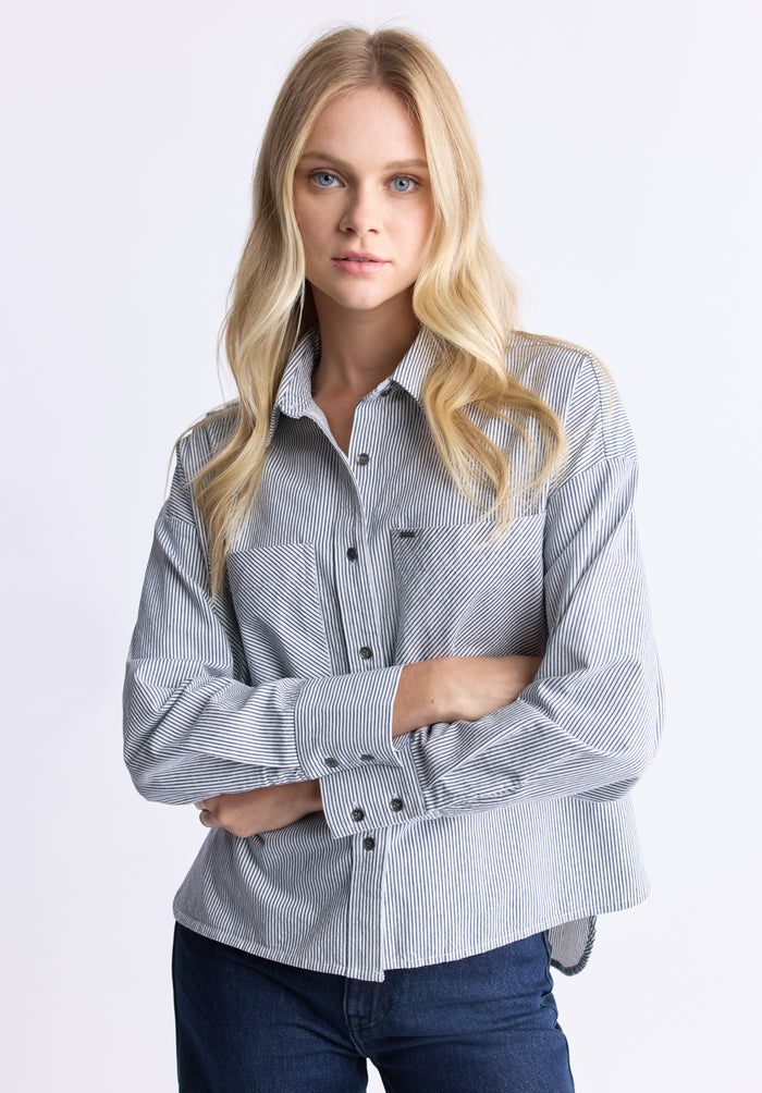 Buffalo Women Shirts Navy Woven Woven Long Sleeve Relaxed Fit Button-Up
