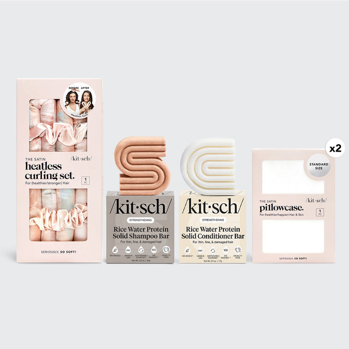 KITSCH Ultimate Best Sellers Bundle — hero shot — rice water bars, satin pillowcase, and heatless curler