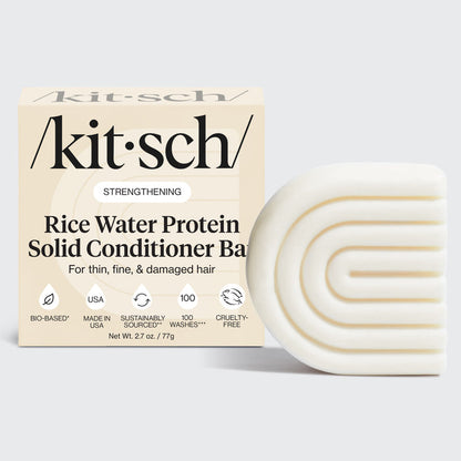Kitsch Rice Water Conditioner Bar for Hair Growth packaging with bio-based solid bar - Formulated with Rice Tein NPNF, clinically proven to increase hair volume by 20% after 5 washes. For thin, fine, and damaged hair. Made in USA, cruelty-free, 100 washes, 3.2 oz / 91g.