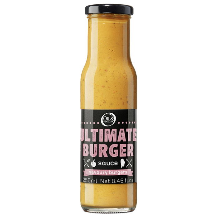 A bottle of Ultimate Burger Sauce with a label showing the product name and volume.