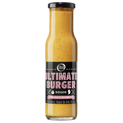 A bottle of Ultimate Burger Sauce with a label showing the product name and volume.