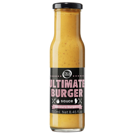 A bottle of Ultimate Burger Sauce with a label showing the product name and volume.