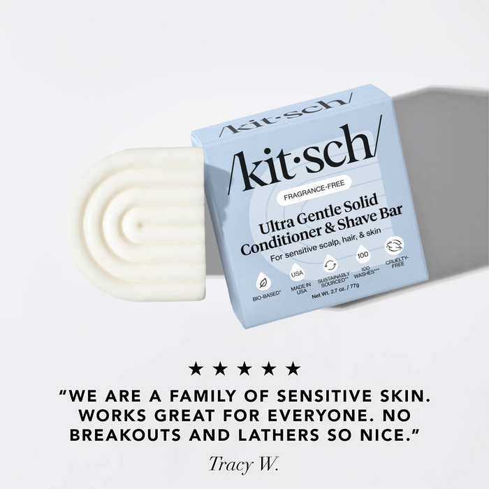 Kitsch ultra gentle solid conditioner & shave bar with packaging on a light background with a 5-star review at the bottom that reads "We are a family of sensitive skin. Works great for everyone. No breakouts and lathers so nice"