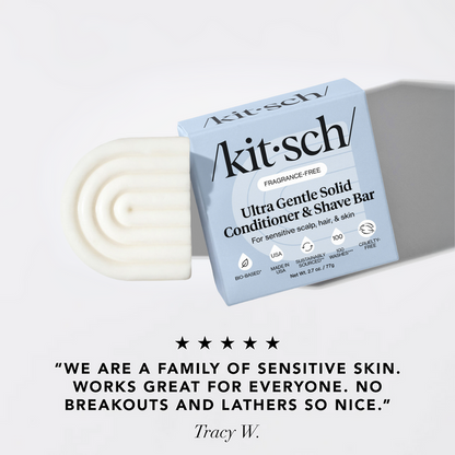 Kitsch ultra gentle solid conditioner & shave bar with packaging on a light background with a 5-star review at the bottom that reads "We are a family of sensitive skin. Works great for everyone. No breakouts and lathers so nice"