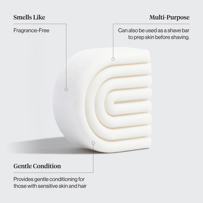 kltsch ultra sensitive conditioner and shave bar with text describing its features on a light gray background. Features include: smells like - fragrance-free, multi-purpose - can be used as a shave bar to prep skin before shaving,  and gentle condition - provides gentle conditioning for those with sensitive skin and hair