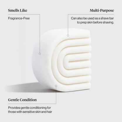 kltsch ultra sensitive conditioner and shave bar with text describing its features on a light gray background. Features include: smells like - fragrance-free, multi-purpose - can be used as a shave bar to prep skin before shaving,  and gentle condition - provides gentle conditioning for those with sensitive skin and hair