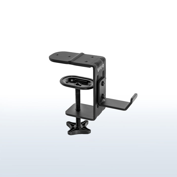 Heavy-duty under desk or desk leg clamp hook to hold accessories, bags, coats, and more. Weight capacity of up to 33 pounds and can clamp on almost anywhere.