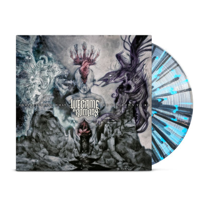 Clear w/ Black & Blue Splatter vinyl album cover for “Understanding What We’ve Grown To Be” by We Came As Romans, featuring a fantastical wolf and stag above a surreal mountain landscape.