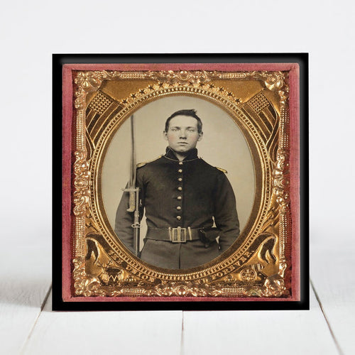Union Soldier in Rifleman Uniform holding Musket with Sword Bayonet - Civil War Era