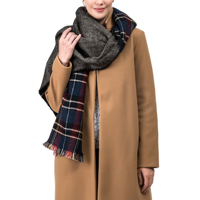 Unisex Oversized Gray, White and Beige Plaid Reversible Scarf with Fringes