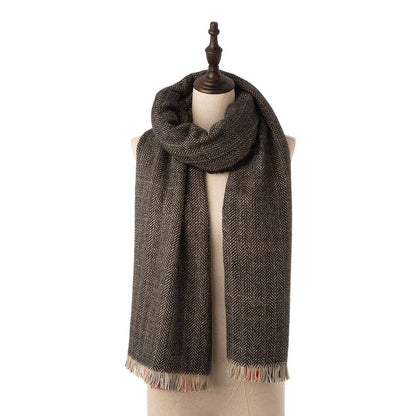 Unisex Oversized Gray, White and Beige Plaid Reversible Scarf with Fringes