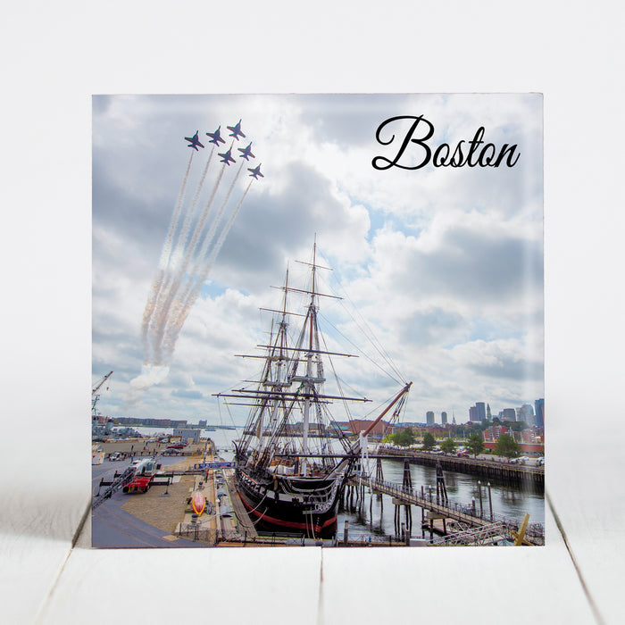 US Navy Blue Angels fly over USS Constitution in Boston, Mass