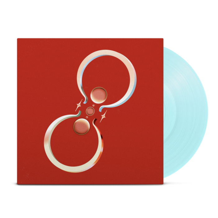 A Baby Blue LP Vinyl partially slides out of a red album cover with an abstract metallic design of two interlocking circles and small accents, making it perfect for any Anberlin fan.
